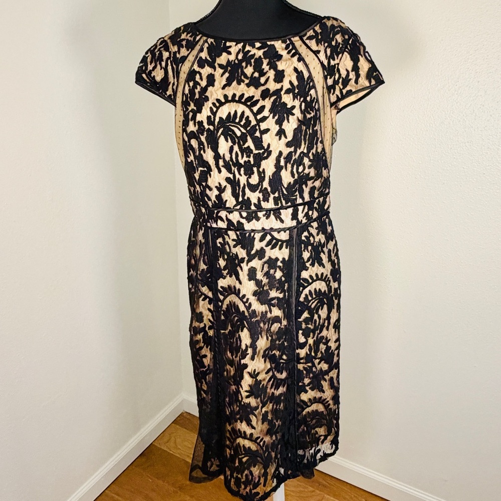 ADRIANNA PAPELL BLACK NUDE EMBROIDERED LACE MIDI DRESS SIZE 12 Cocktail, wedding